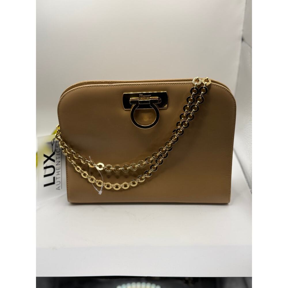 Salvatore Ferragamo Tan Leather Crossbody Bag with Gold Chain